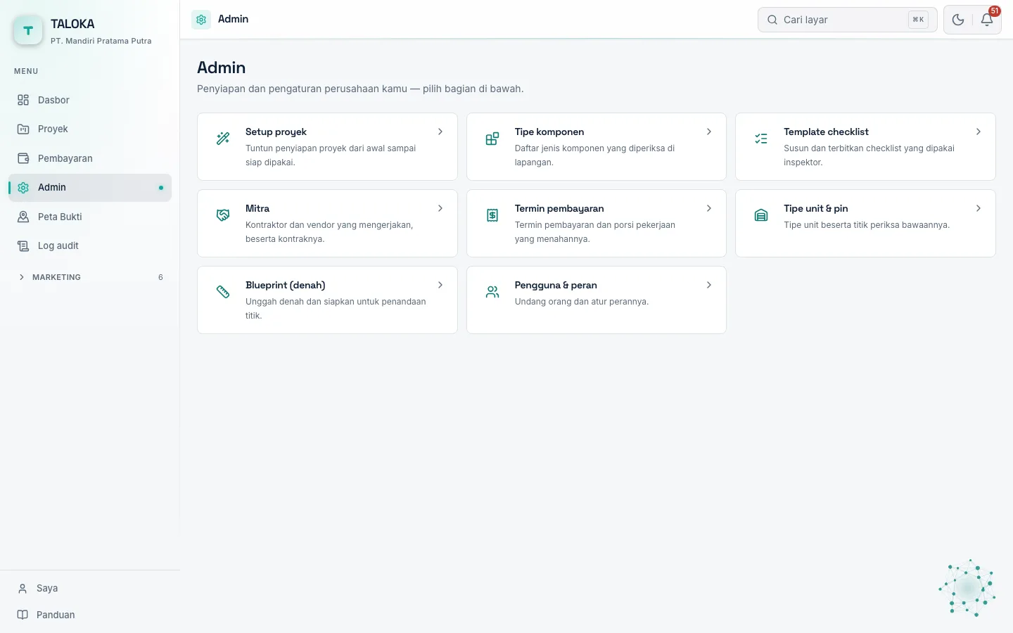 Menu Admin — delapan pintu penyiapan.
