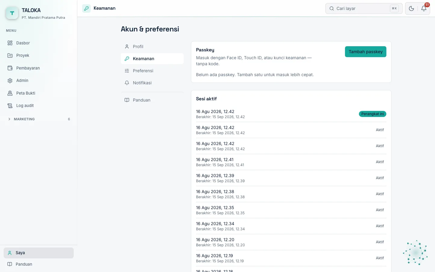 Keamanan akun: passkey, sesi aktif, riwayat masuk, dan ganti email.