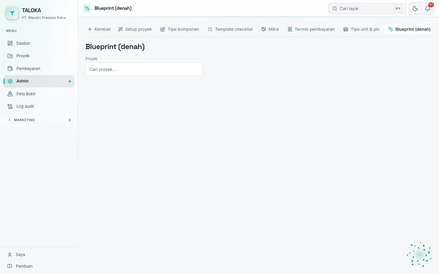 Layar Blueprint: pilih proyek dulu, baru unggah lembarnya.