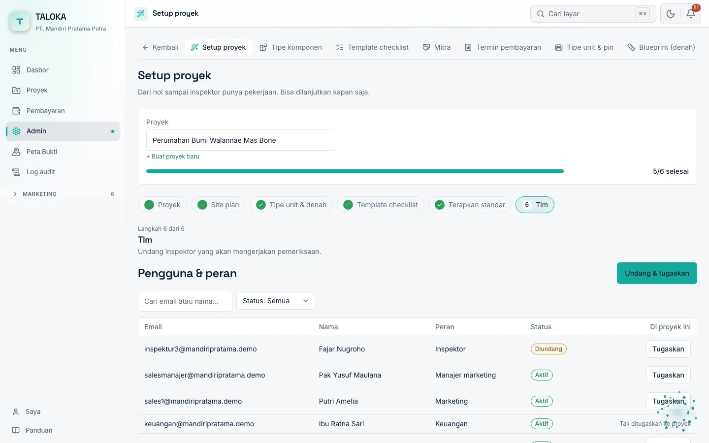 Penuntun setup, setelah proyek dipilih: enam langkah dengan statusnya masing-masing.